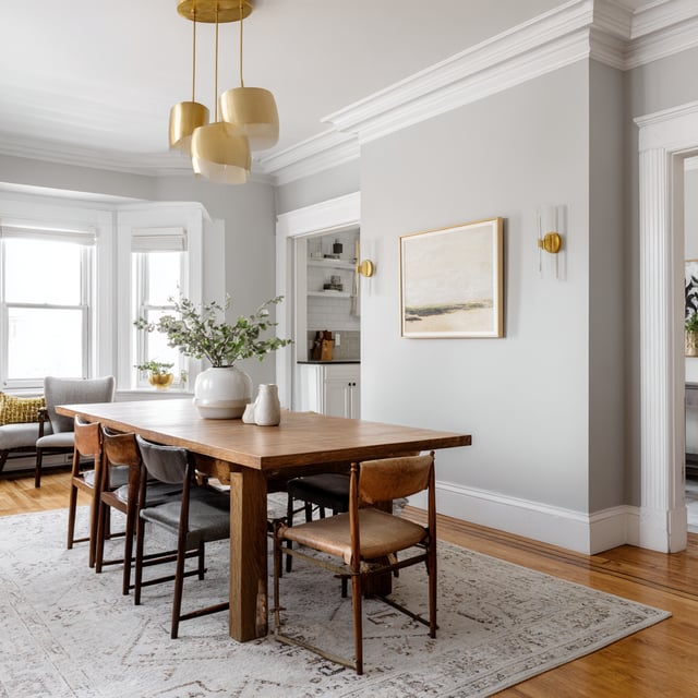 Transitional dining room with wood table and gold lighting.