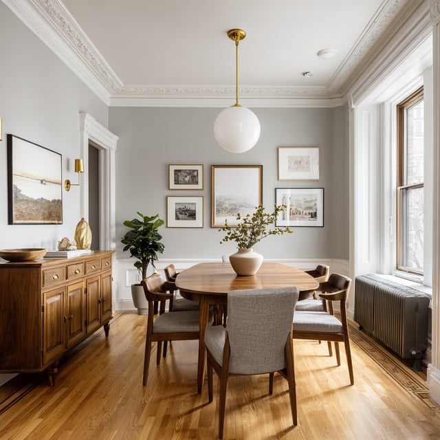 A transitional-style dining room featuring medium wood furniture, a globe pendant light, and a gallery wall.