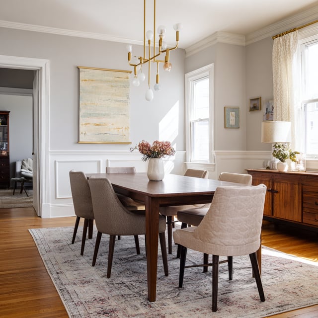 Elegant dining room with wood table and gold chandelier.
