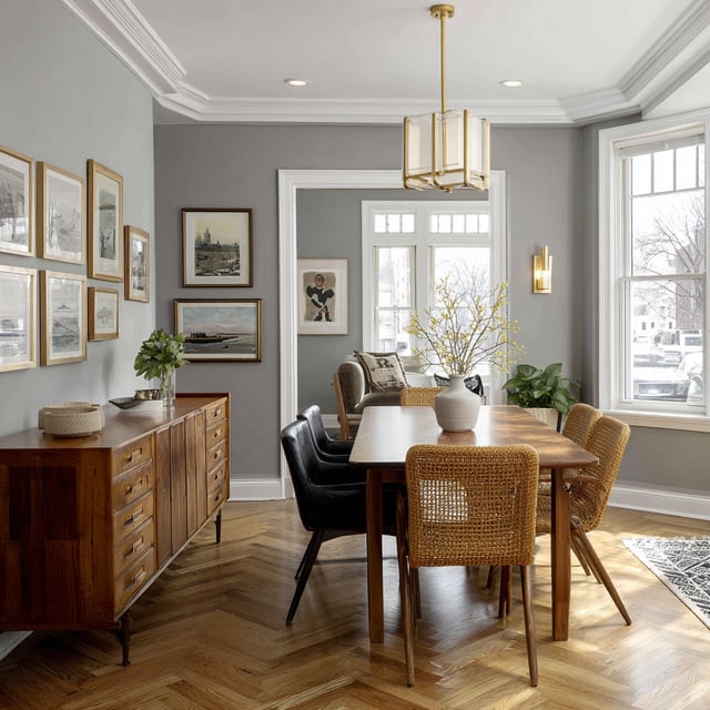  Transitional dining room with wood floors and gray walls.