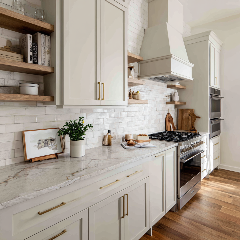 A transitional kitchen featuring neutral white cabinetry.