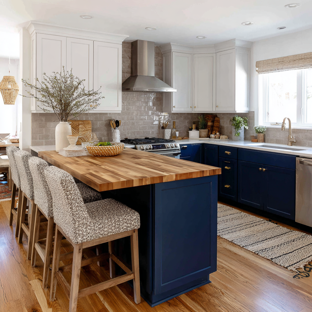 Navy kitchen with wood island, gold taps, and woven stools.