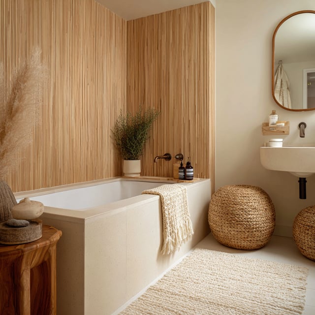 Bathroom with a tub clad in wood-look panels.