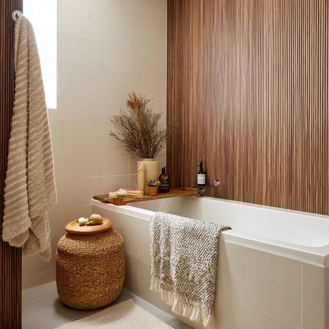 Modern tub with fluted wood wall and woven textures.