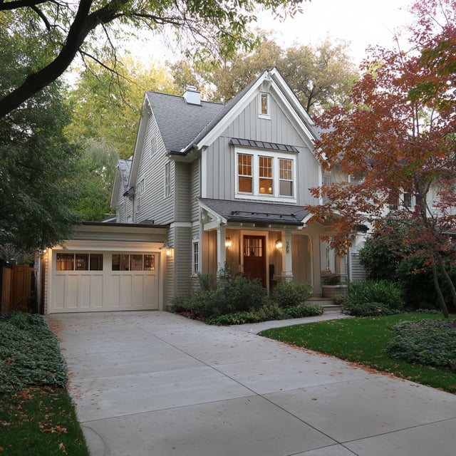 A two-story Craftsman-style home with a light gray exterior and white trim.