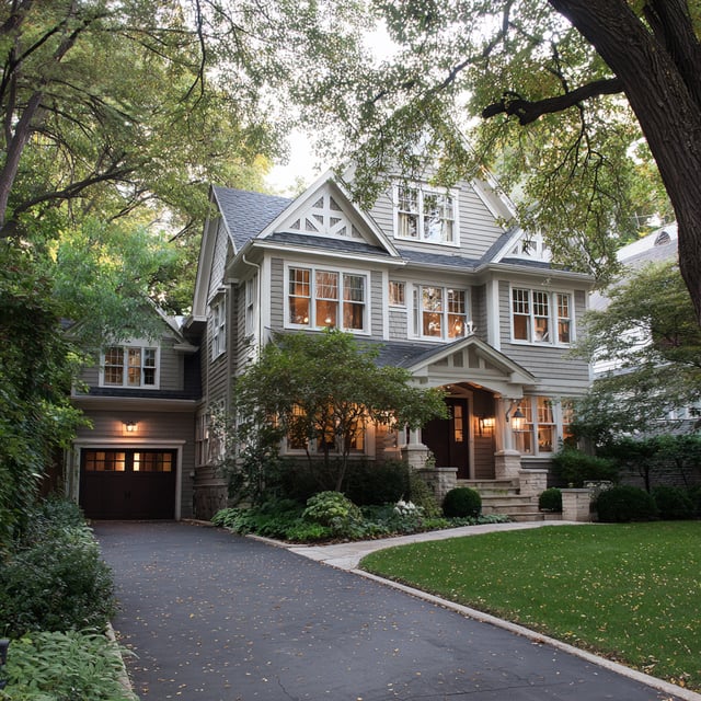 Traditional grey home with white gables and lush green lawn.
