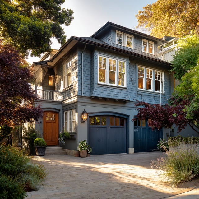A two-story blue shingled home with white trim and a prominent dark blue two-car garage is set back from a brick driveway and surrounded by mature trees and shrubs.