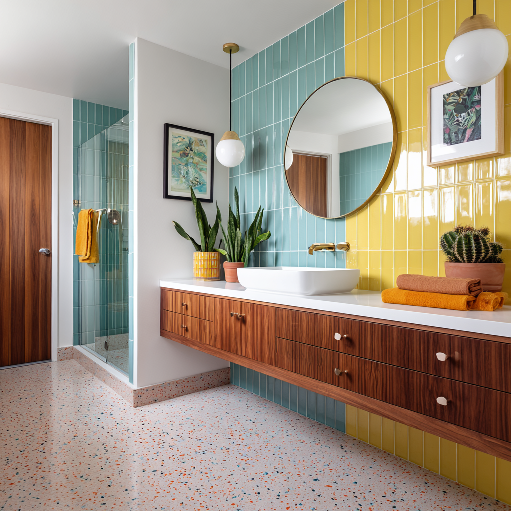 Vibrant Mid-Century Modern bathroom with teal and yellow tiles.
