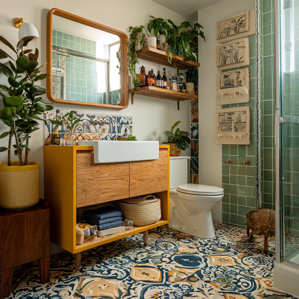 A vibrant bathroom with encaustic cement tile floor, wood vanity, and plants.