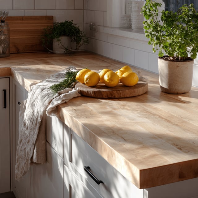 A warm Scandinavian-style kitchen features pale wood countertops with lemons on a cutting board, a linen cloth, and potted plants near a sunlit window.