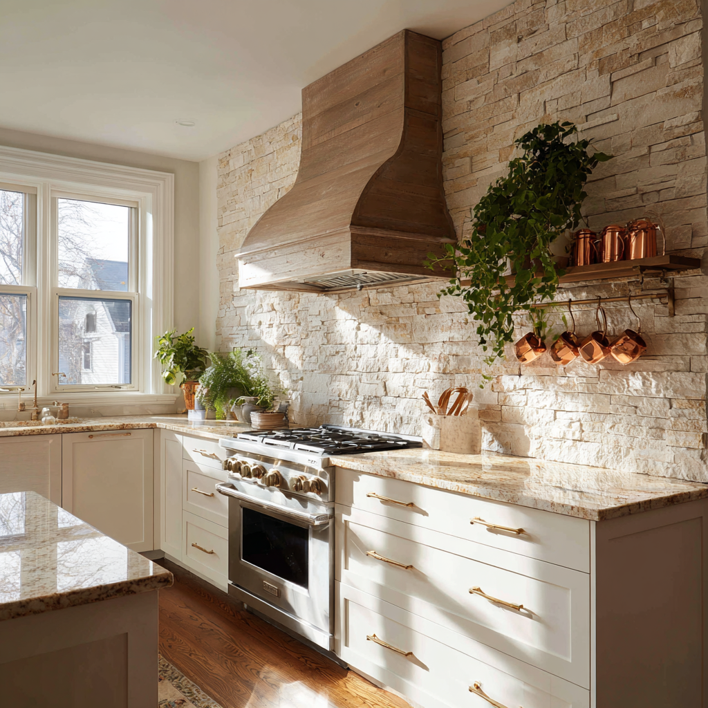 The kitchen with stacked natural stone accent wall, curved wood range hood, hanging copper pots, trailing greenery, and warm granite countertops