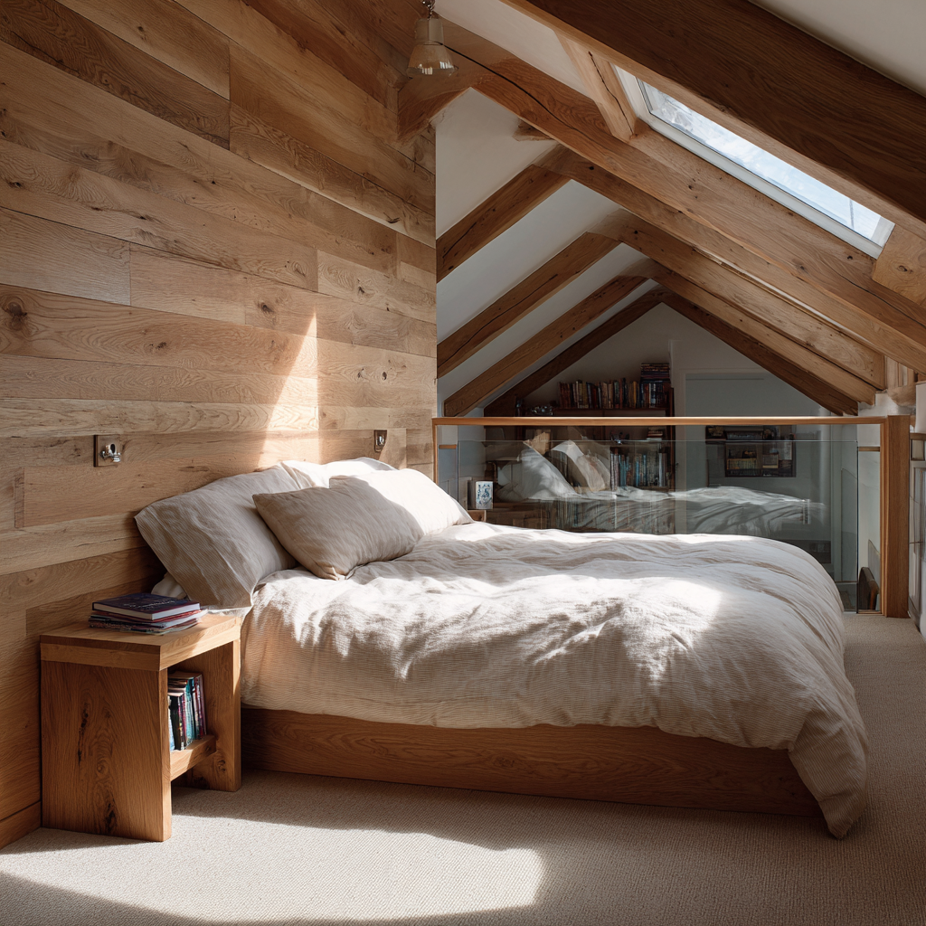 Image: [The warm loft bedroom with exposed timber beams, a low wood base wall, and glass railing]