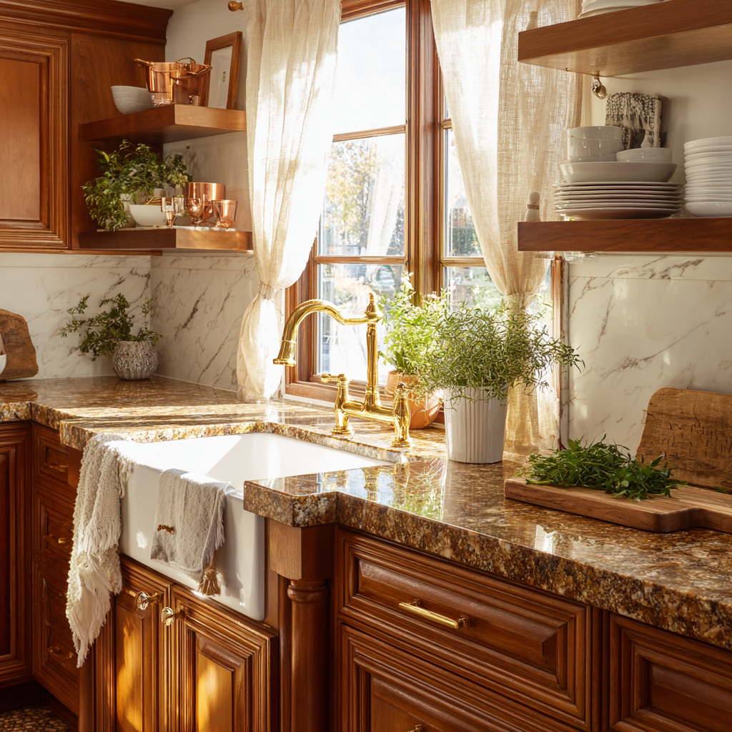 A traditional kitchen is shown with rich brown wood cabinetry, speckled brown and granite countertops, a white farmhouse sink with a gold faucet, and two window-flanking wooden open shelves displaying copper accents and white dishware.