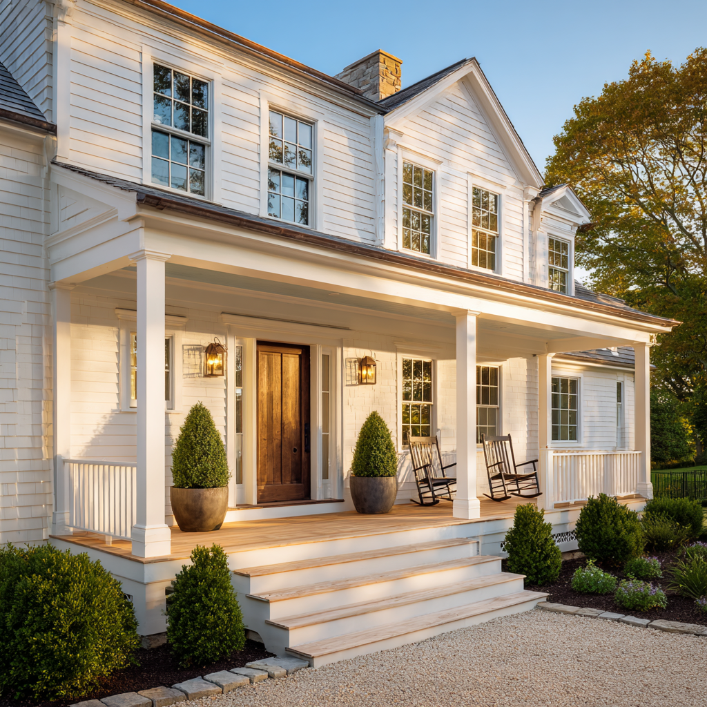 A pristine white Colonial-style home featuring a welcoming wide front porch with warm wood decking, traditional rocking chairs, and symmetrical landscaping.