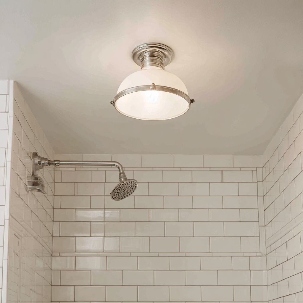 A welcoming bathroom featuring traditional white subway tiling accented by a polished nickel shower head and a vintage-style schoolhouse flush-mount light fixture.