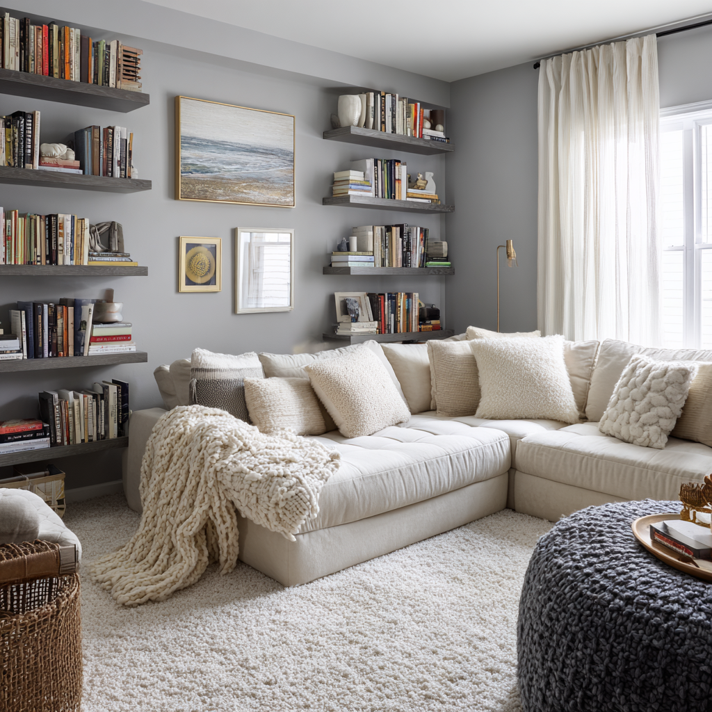Cozy family room with gray walls, built-in shelves, and a cream sectional.