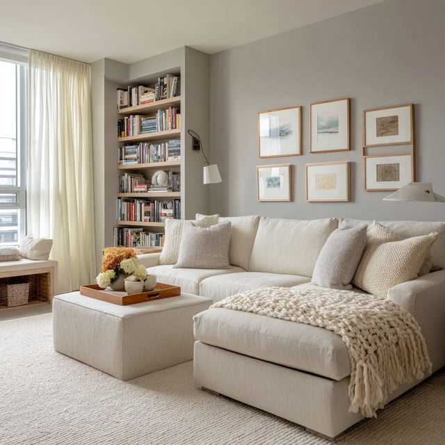 Cozy living room with a white sectional and wooden bookshelf.