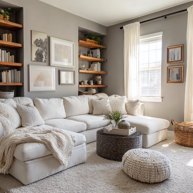 Cozy gray family room with white sofa and wooden shelves.