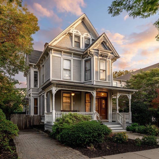 A well-maintained Victorian-style single-family home with light gray siding, white trim, and a full-length covered front porch is depicted under a partially cloudy, sunset sky.