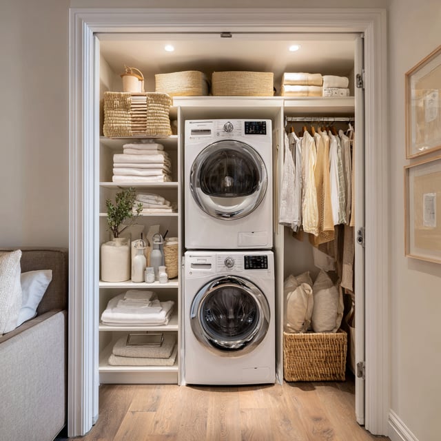 A neatly organized laundry closet with a stacked washer and dryer, open shelving of folded linens and baskets, a hanging rod for clothes, recessed lighting, and warm wood flooring framed by white doors.