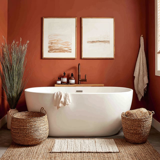 White tub with a terracotta wall, art, and woven baskets.