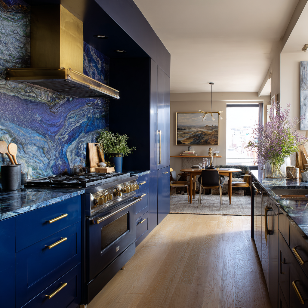 Bold blue kitchen with marble backsplash and gold accents.