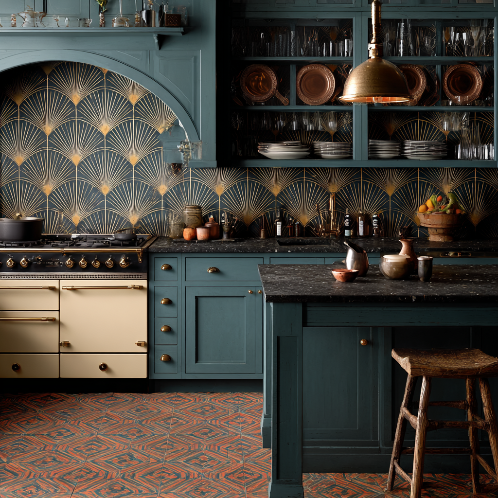 Art Deco fan motif kitchen with teal cabinets and the arched range surround.