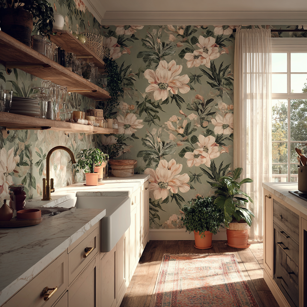 Oversized floral wallpaper kitchen with the sage green and blush palette.