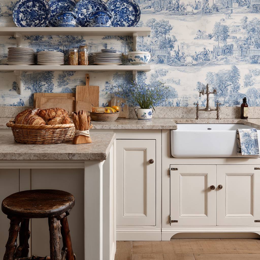Toile de Jouy kitchen with the farmhouse sink and open shelving.
