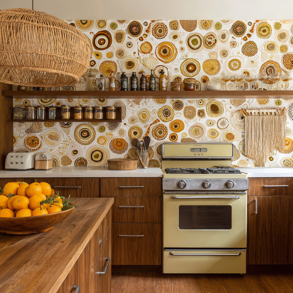 Retro circle-pattern kitchen with the walnut cabinets and vintage range.