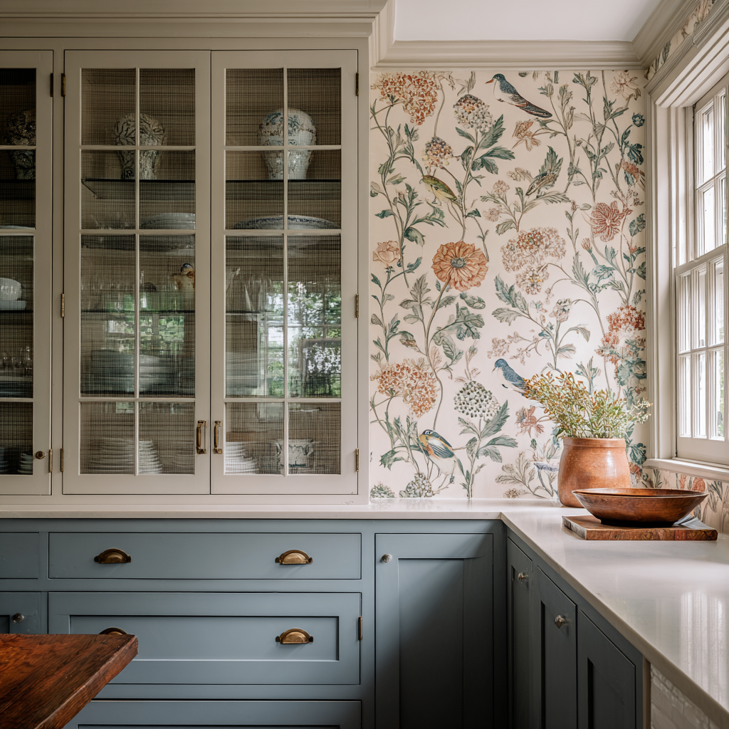 Botanical and bird wallpaper kitchen with slate blue cabinets.