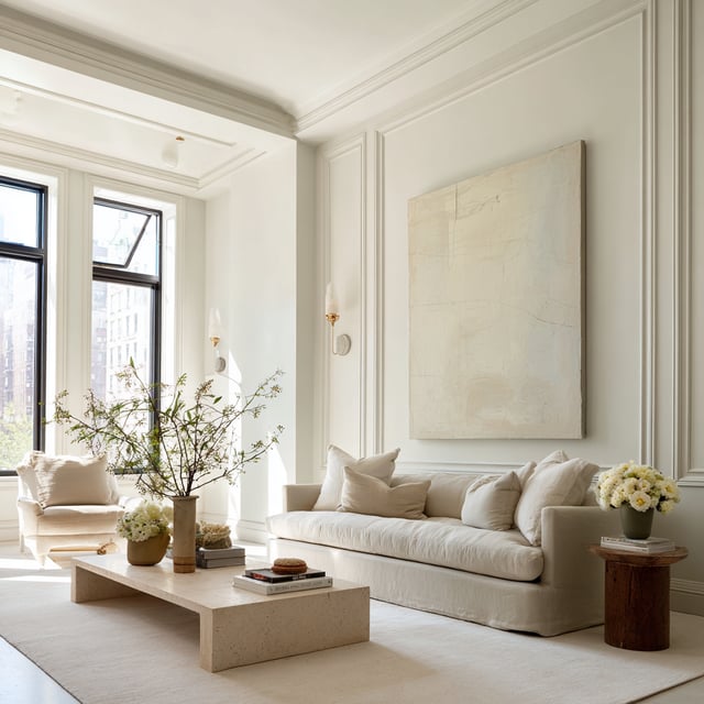 A wide light-filled creamy white living room