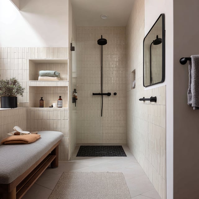 A modern, accessible bathroom features a walk-in shower with black fixtures, light cream vertical subway tile, a built-in bench, and a niche with shelving.