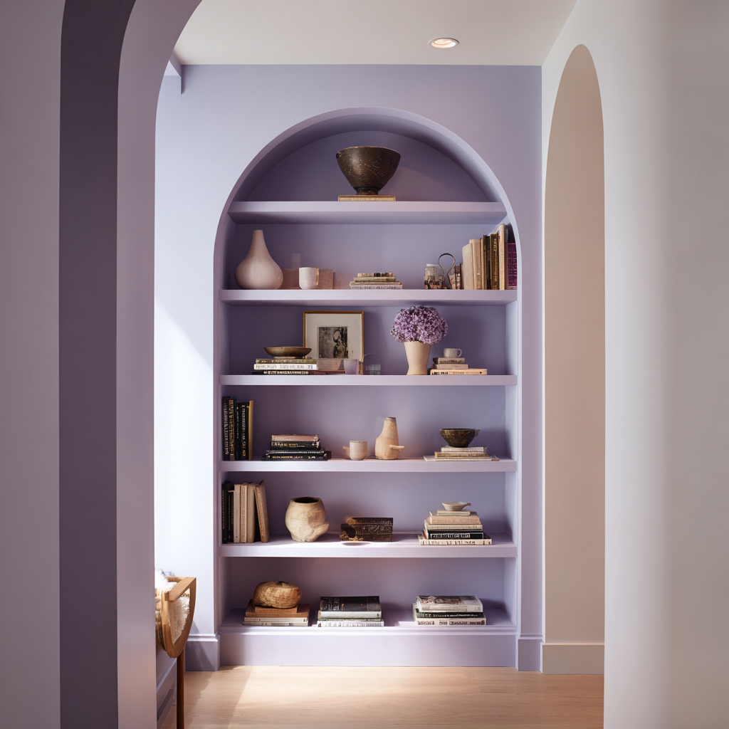 A minimalist hallway featuring a lavender arched alcove with built-in shelving, styled with books, pottery, and framed art against a light wood floor.