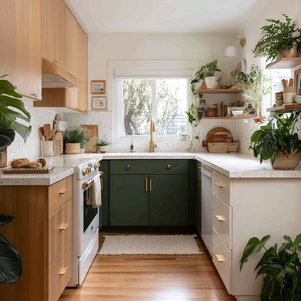 An L-shaped kitchen with natural white oak upper cabinets