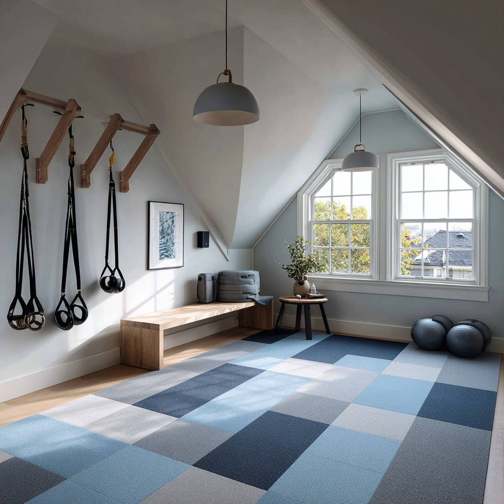 Bright attic workout room with blue padded flooring and hanging straps.