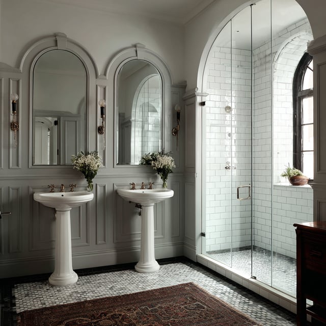 An elegant bathroom features two pedestal sinks beneath arched mirrors and sconces, a glass-enclosed shower with white subway tile, wainscoting on the walls, a dark-patterned rug, and a hexagonal tile floor.