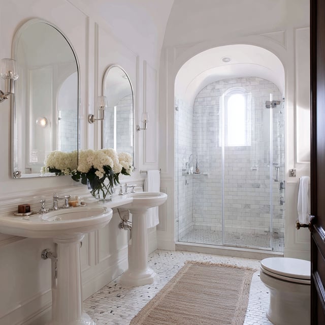 A bright, classic bathroom features wainscoting, two pedestal sinks below matching arched mirrors and sconces, a glass-enclosed shower with an arched entryway and window, and a toilet, all set on a mosaic tile floor with a textured beige runner.