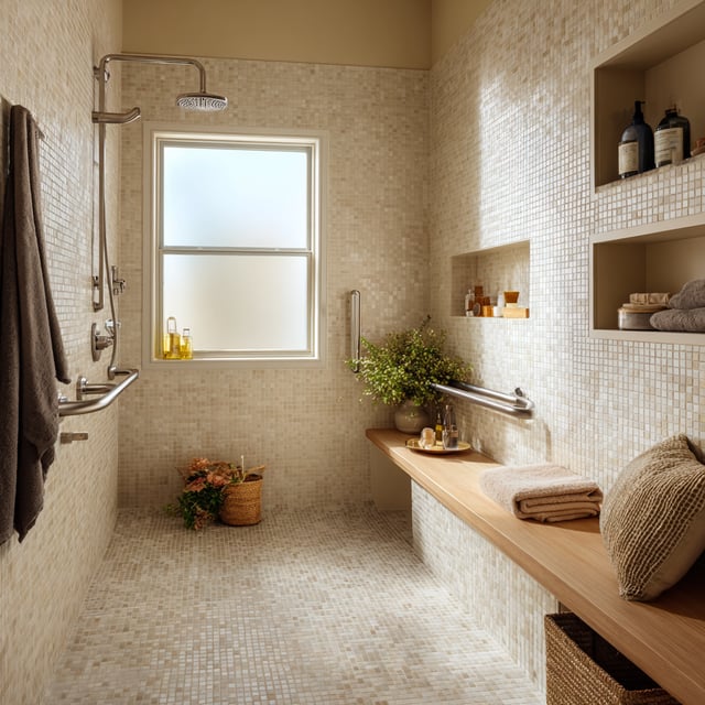 A bright, modern walk-in shower with beige mosaic tiles, built-in shelves, a wooden bench, and soft natural light from a frosted window.