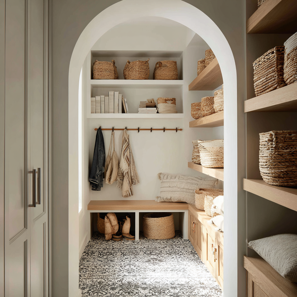 Arched mudroom alcove with soft white millwork, light oak bench and shelving, woven seagrass baskets, and neutral textiles in a warm minimalist style. Patterned black-and-white encaustic-style floor tiles, slim wood peg rail, and clean built-in storage create an airy, organic modern design.