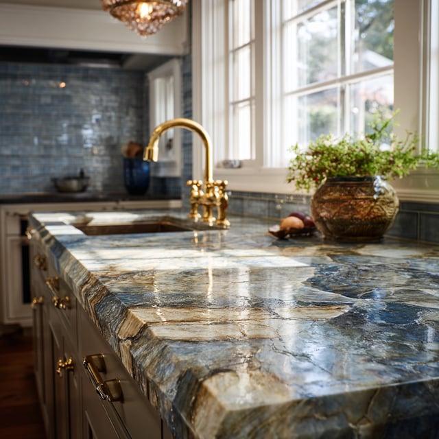  Gemini said Blue marble kitchen island with a gold faucet and window.