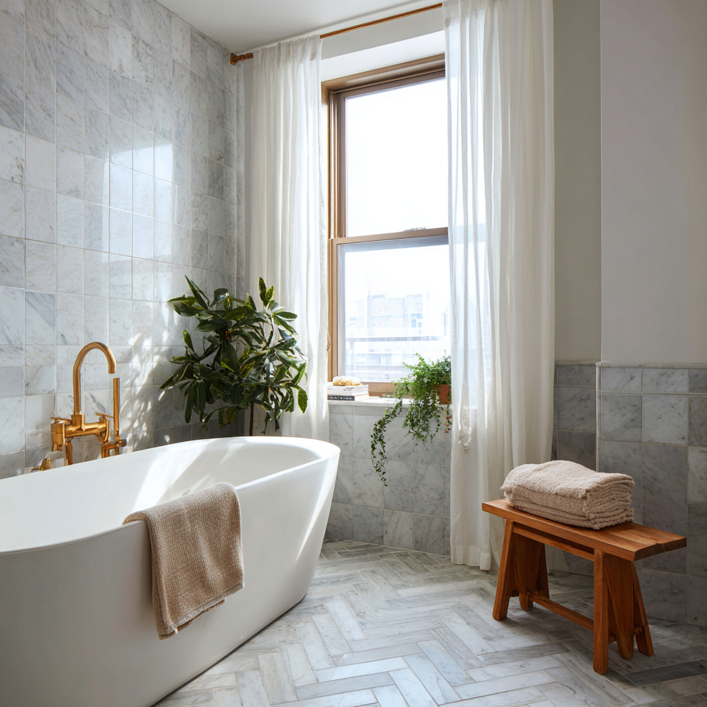 Luxurious marble bathroom with soaking tub and herringbone floor.