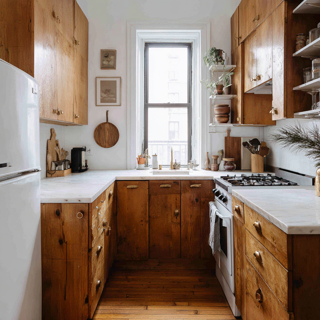 Compact rustic U-shaped kitchen with warm wood cabinets, white marble countertops, vintage hardware, open shelving, and a single window bringing in natural light.