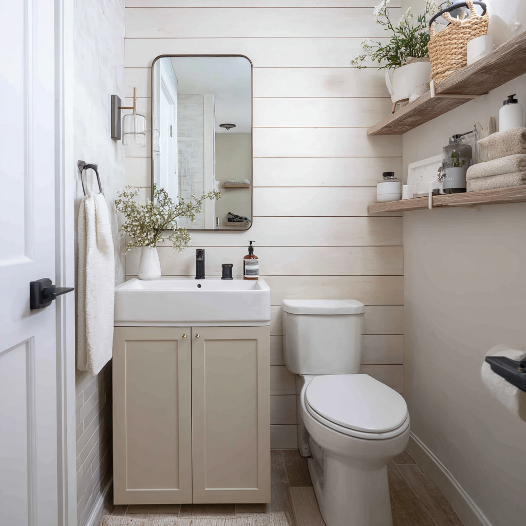 A small half-bathroom with light wood walls and open shelving.