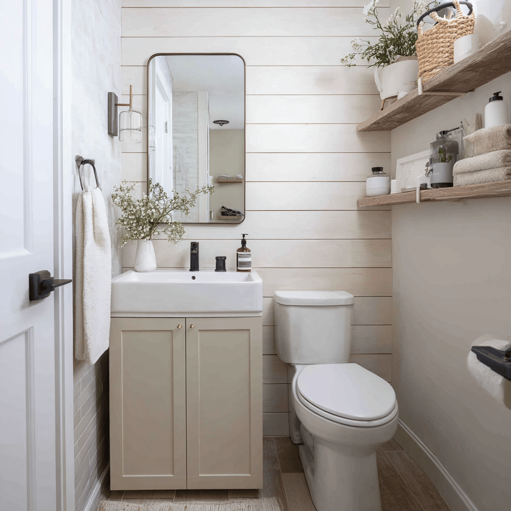 An_efficiently_organized_half_bathroom_with shiplap cream white wood wall