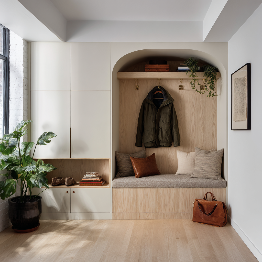 Modern Scandinavian-style mudroom with a rounded arched bench in light oak millwork, soft gray upholstered seat, neutral beige and brown pillows, matte off-white flat-panel cabinetry, brass hooks, pale wood flooring, and subtle greenery for a warm minimalist look.
