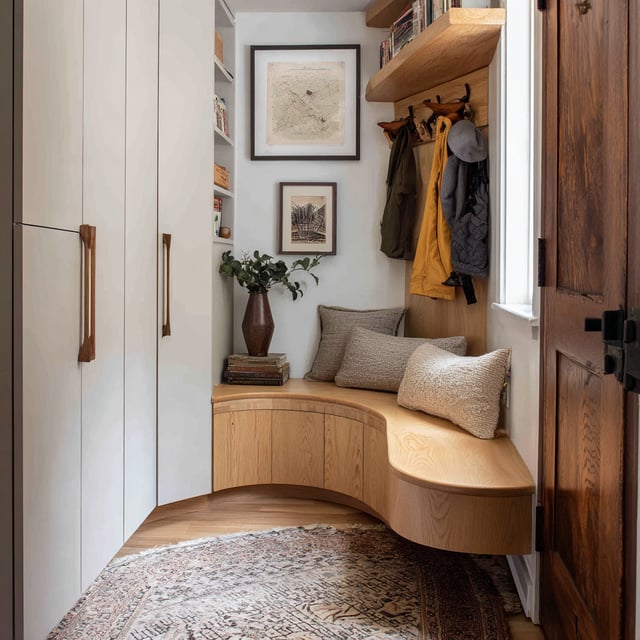 A narrow mudroom nook features light wood curved built-in bench seating with woven pillows, a floating shelf above with coat hooks and books, and tall, white closed storage cabinets with vertical brass and wood pulls on the left, all set on a light wood floor with an oriental rug.