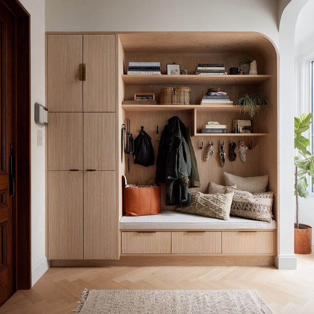 Modern mudroom nook with light oak built-ins featuring vertical fluted panels, rounded arch shelving, integrated bench seating, brass hardware, and herringbone wood floors, styled with neutral textiles, plants, and leather accents.