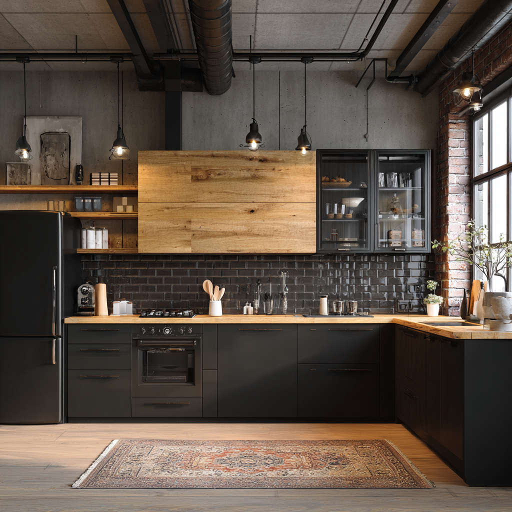 An industrial themed apartment kitchen