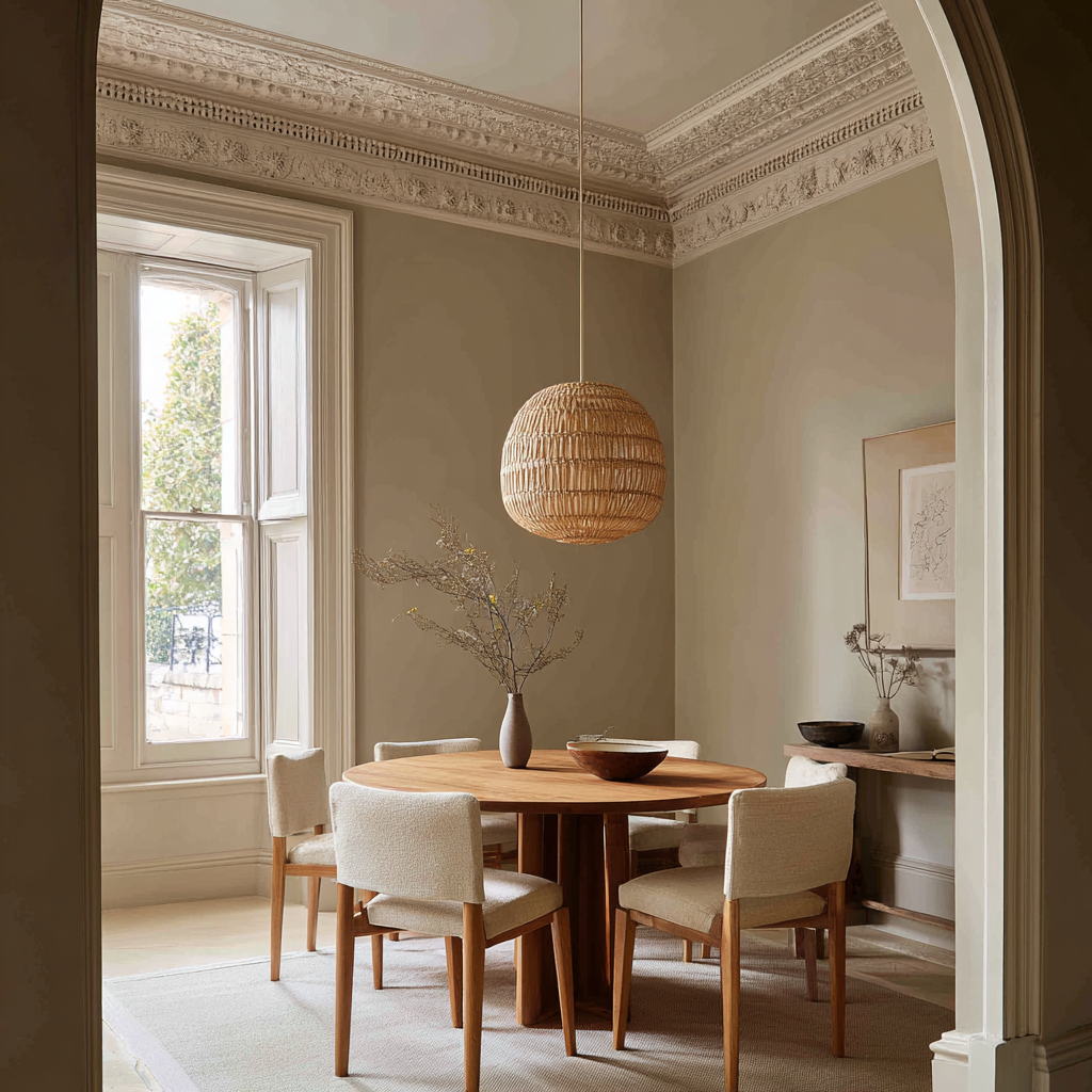 Ornate egg-and-dart crown moulding grounds this dining room with classical depth.